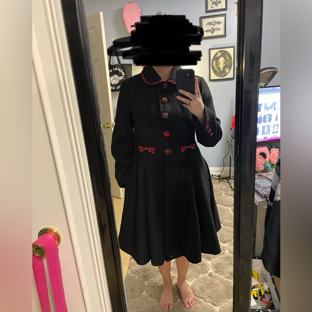 RARE Hell Bunny Tiddlywinks Black Button-Up Coat with Red Tartan Trim